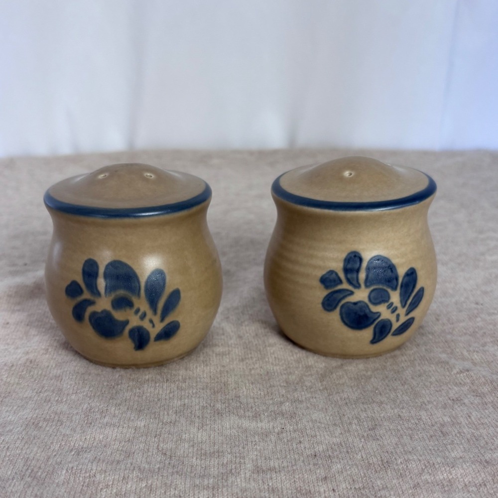Pfaltzgraff Stoneware Folk Art Salt and Pepper Shakers Set Blue Floral Tan VTG